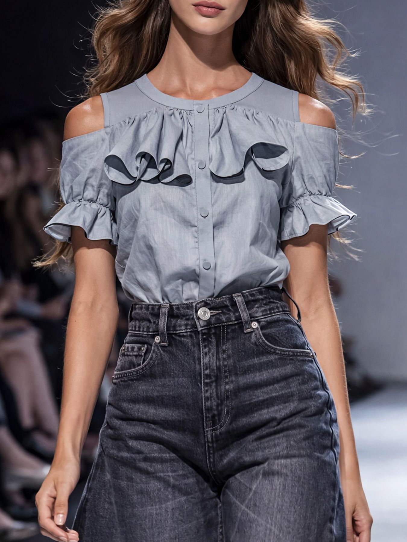 Women's Gray Ruffled-edge Short-sleeve Shirt