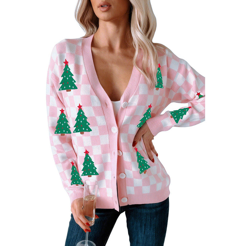 Fall New Single Row Multi-buckle Knitwear For Women European And American Fashion & Trend Christmas Printed Cardigan For Women