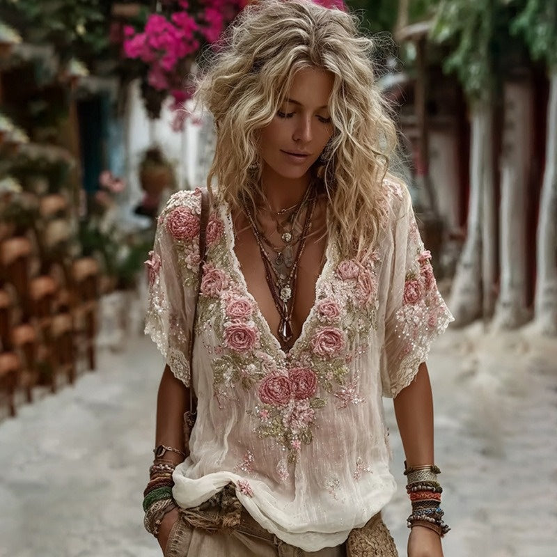 Womens V neck 3D printed Short sleeve Top With An Elegant  Artistic  And Vintage Vibe