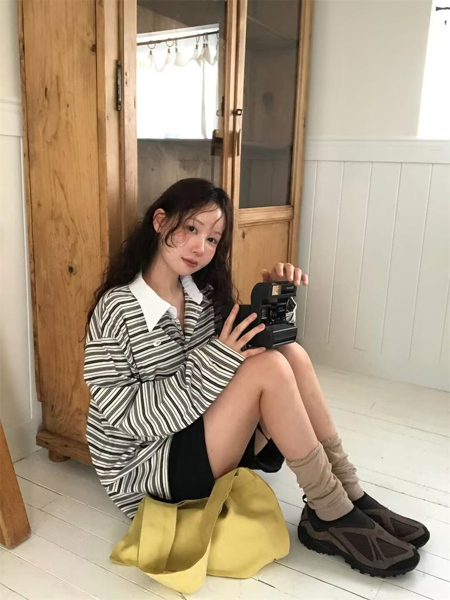 Simple Style Loose Striped Contrast Color Polo Collar Long Sleeve Top
