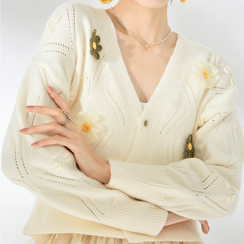 Short Green Flower Sweater Top For Women