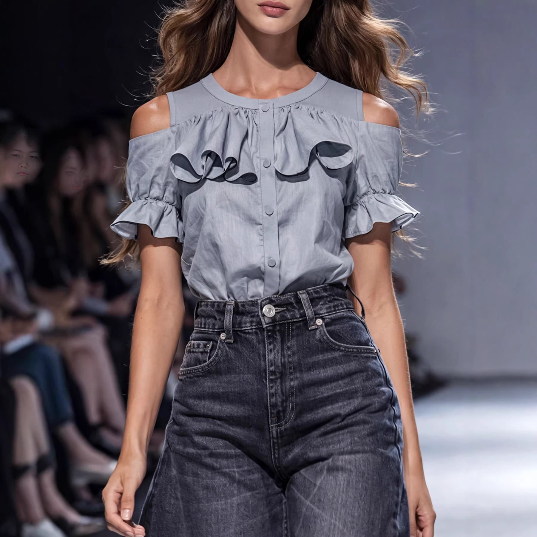 Women's Gray Ruffled-edge Short-sleeve Shirt