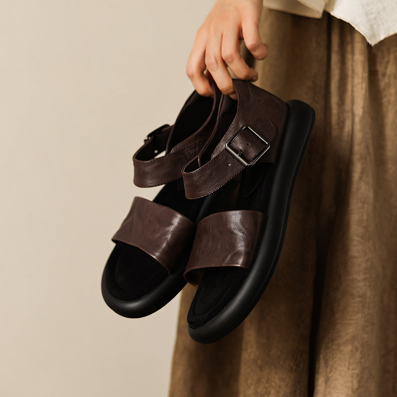 Women's Washed Full Grain Leather Platform Sandals, Two Strap Buckle Flat Shoes