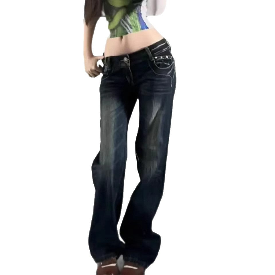 Butterfly-embroidered Low-rise Jeans Womens Y2K Vintage Style