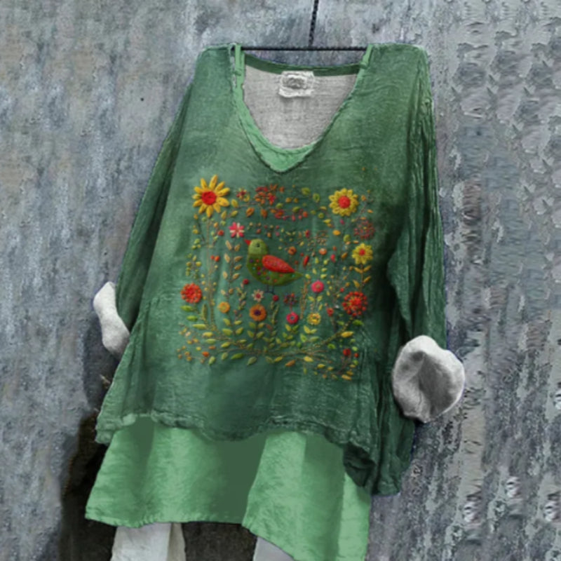 Women's Green Flower And Bird Embroidery Art Linen V-neck Shirt