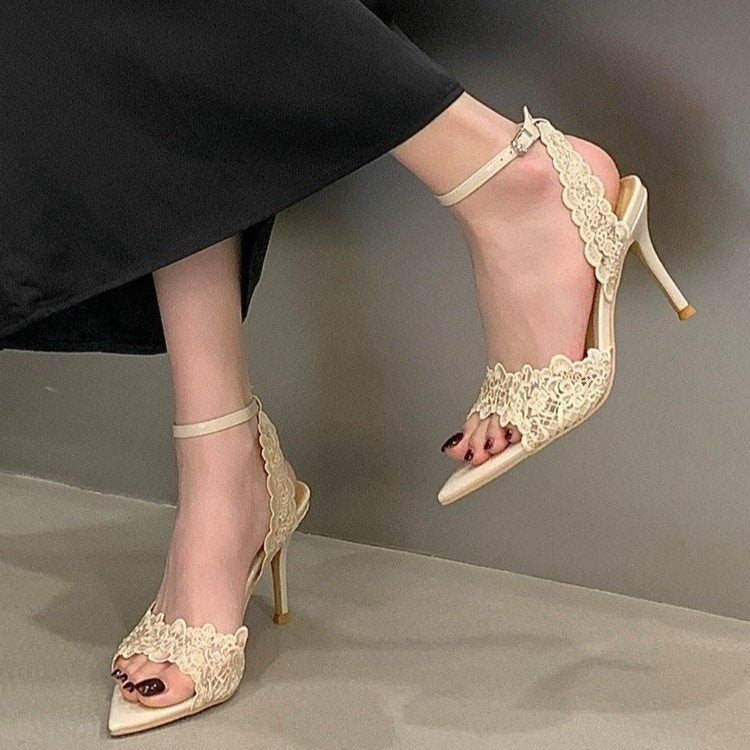 2026 Summer New French Niche Design Women Sandals, Pointed Toe Lace Stiletto High Heel Open Toe Outdoor Shoes