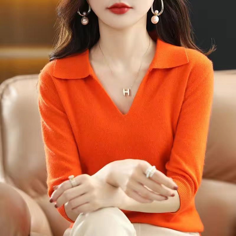 Five-Quarter Sleeve Lapel Sweater Base Layer Womens Top