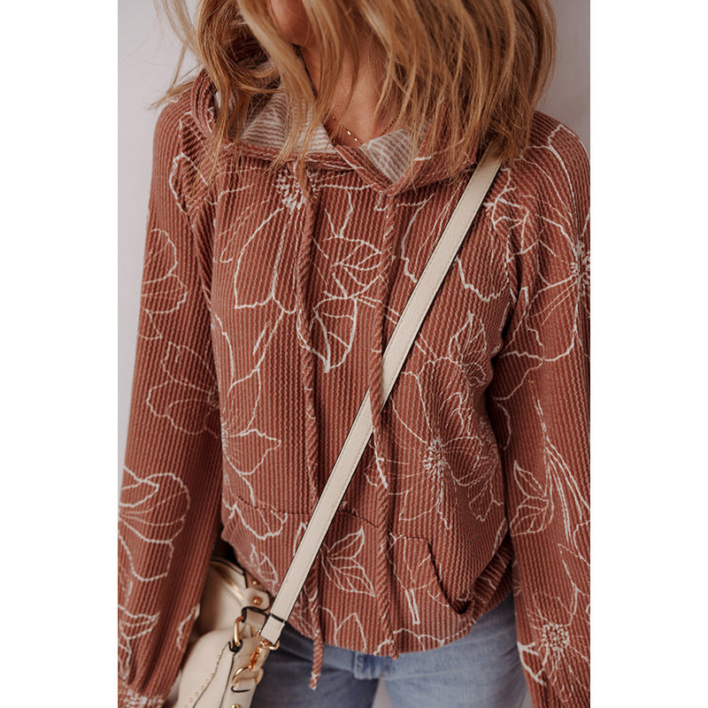 Fashionable All-match Flower Printed Long-sleeved Top Women