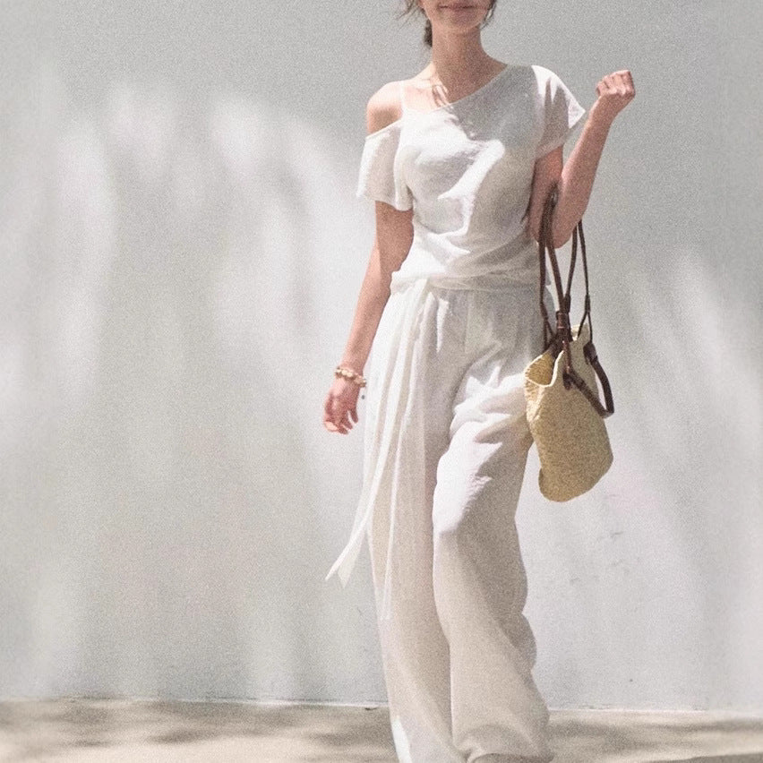 Linen Off-Shoulder Patchwork Casual Pant Set