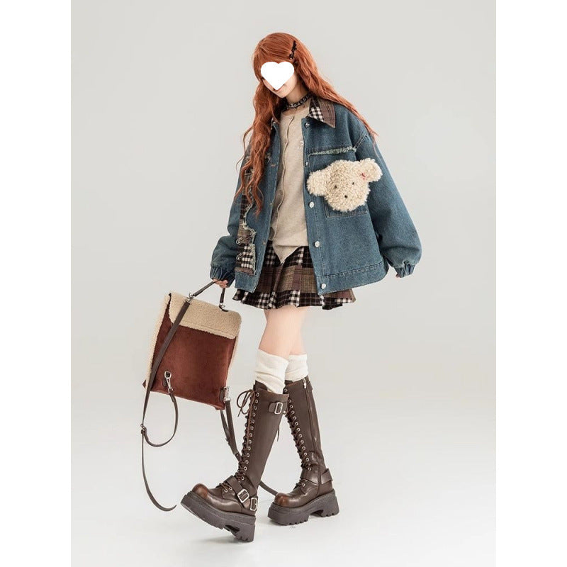Women's Color Block Denim Coat – Loose Fit Cotton