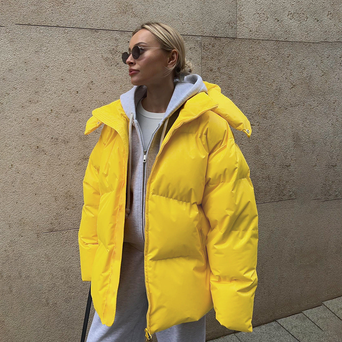 Cotton-padded Coat Loose-fit Cotton Jacket Solid-color Hooded Cotton Garment