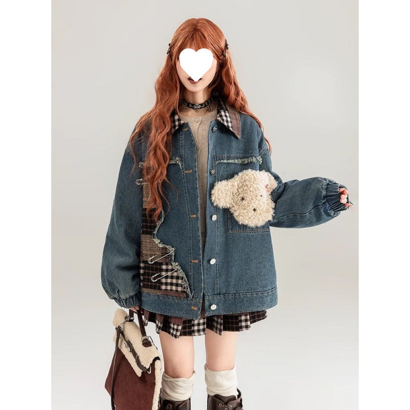 Women's Color Block Denim Coat – Loose Fit Cotton