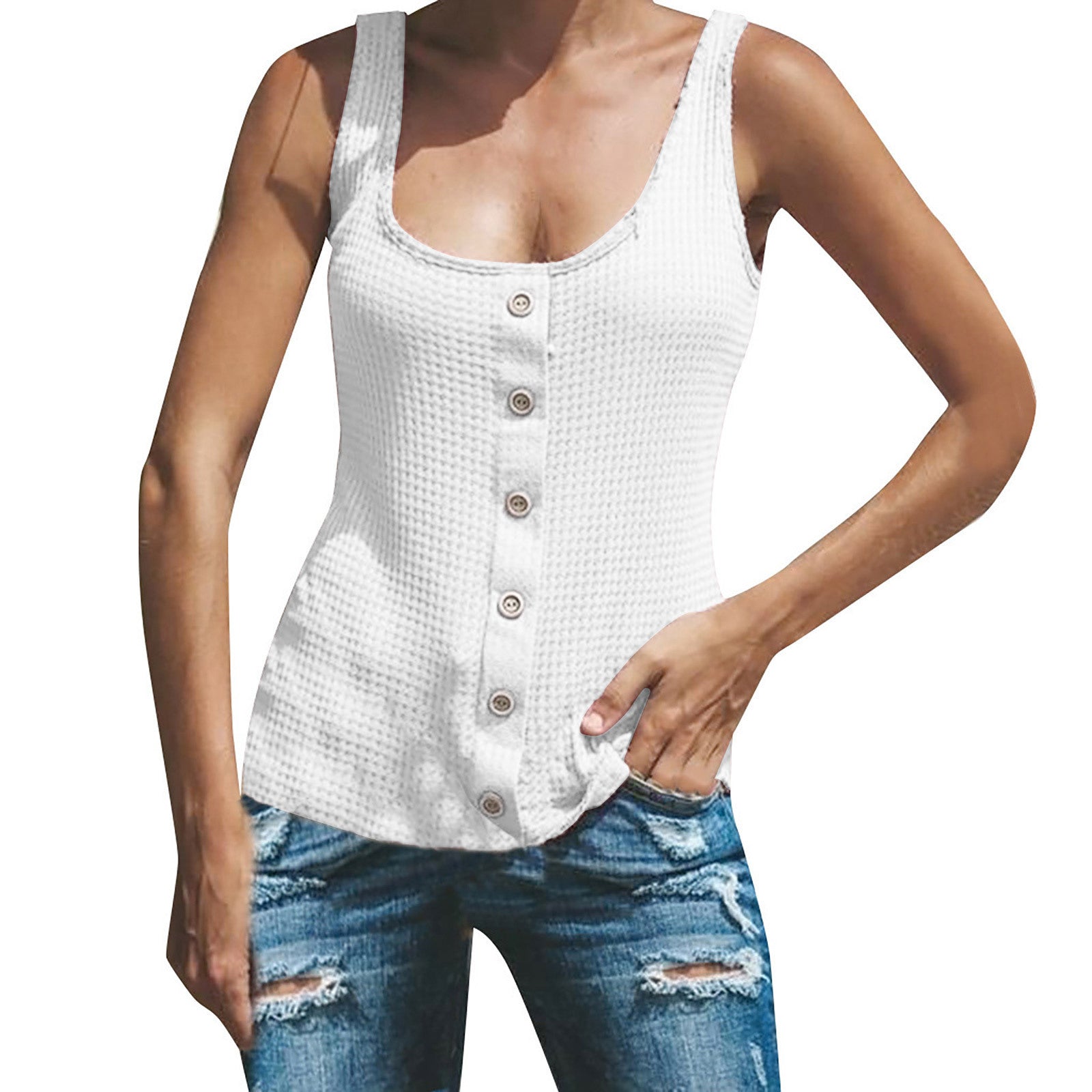 Women's U-neck Solid Color Sleeveless Breasted Vest T-shirt Top