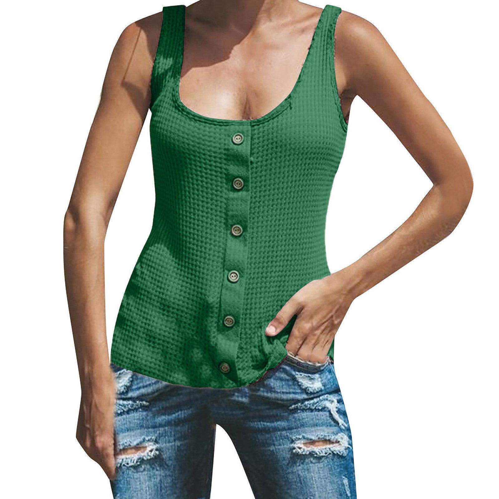 Women's U-neck Solid Color Sleeveless Breasted Vest T-shirt Top