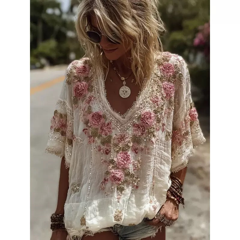 Womens V neck 3D printed Short sleeve Top With An Elegant  Artistic  And Vintage Vibe