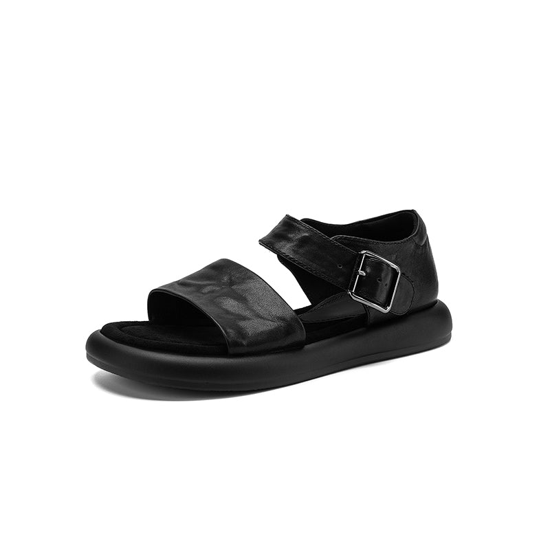 Women's Washed Full Grain Leather Platform Sandals, Two Strap Buckle Flat Shoes