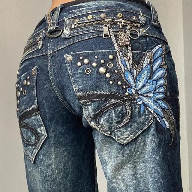 Butterfly-embroidered Low-rise Jeans Womens Y2K Vintage Style