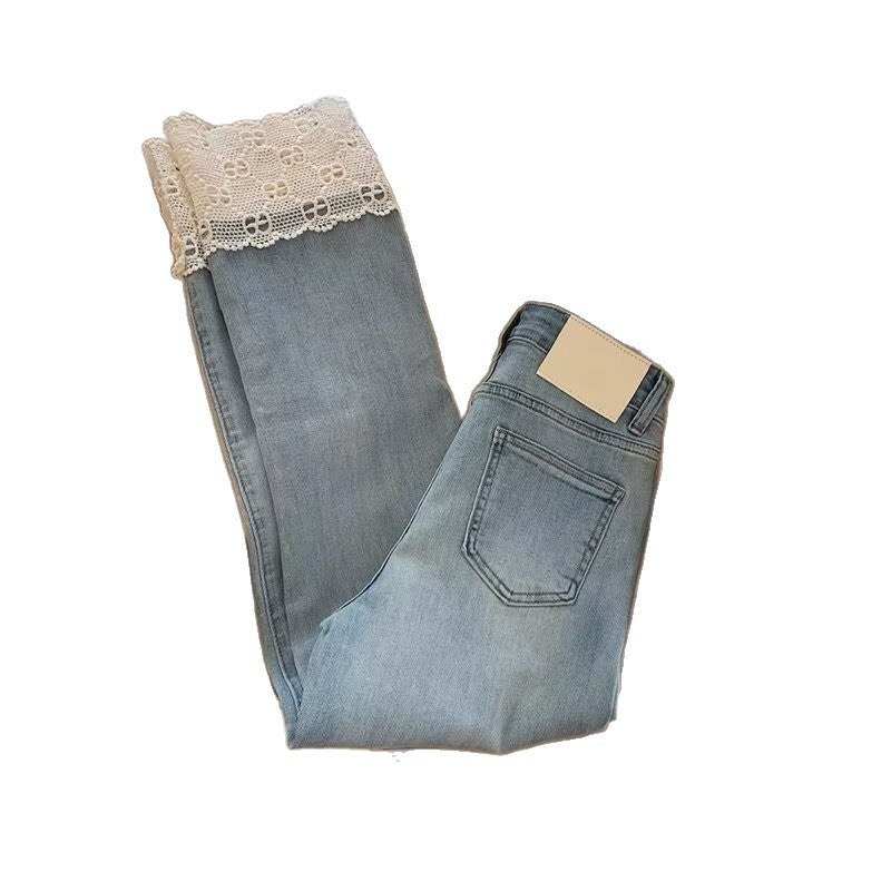 Women's Fashionable Retro Lace Straight-Leg Denim Jeans