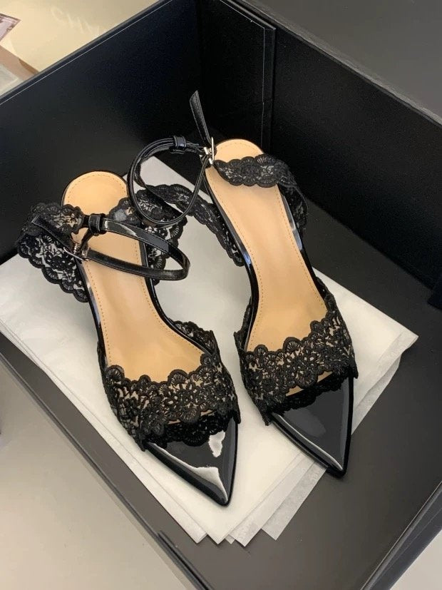 2026 Summer New French Niche Design Women Sandals, Pointed Toe Lace Stiletto High Heel Open Toe Outdoor Shoes