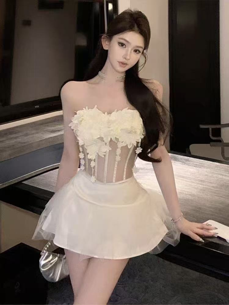 Sexy Chic Fishbone Mesh Sheer Layered 3D Flower Tube Top Camisole With Padded Bra Lace Top