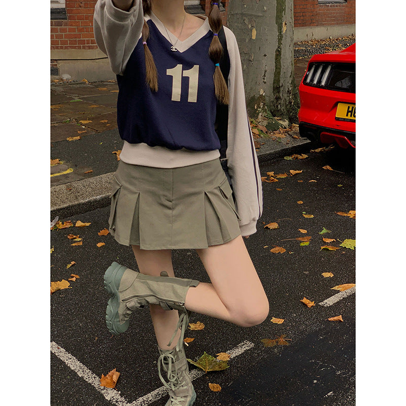 Colorblock V-neck Pullover Long Sleeve Niche Top