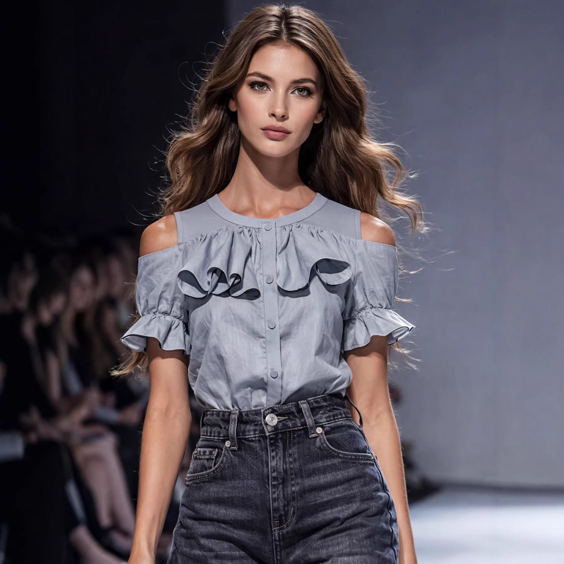 Women's Gray Ruffled-edge Short-sleeve Shirt