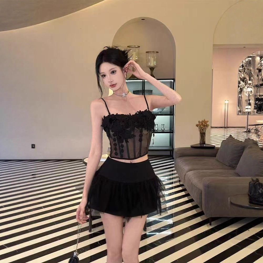 Sexy Chic Fishbone Mesh Sheer Layered 3D Flower Tube Top Camisole With Padded Bra Lace Top