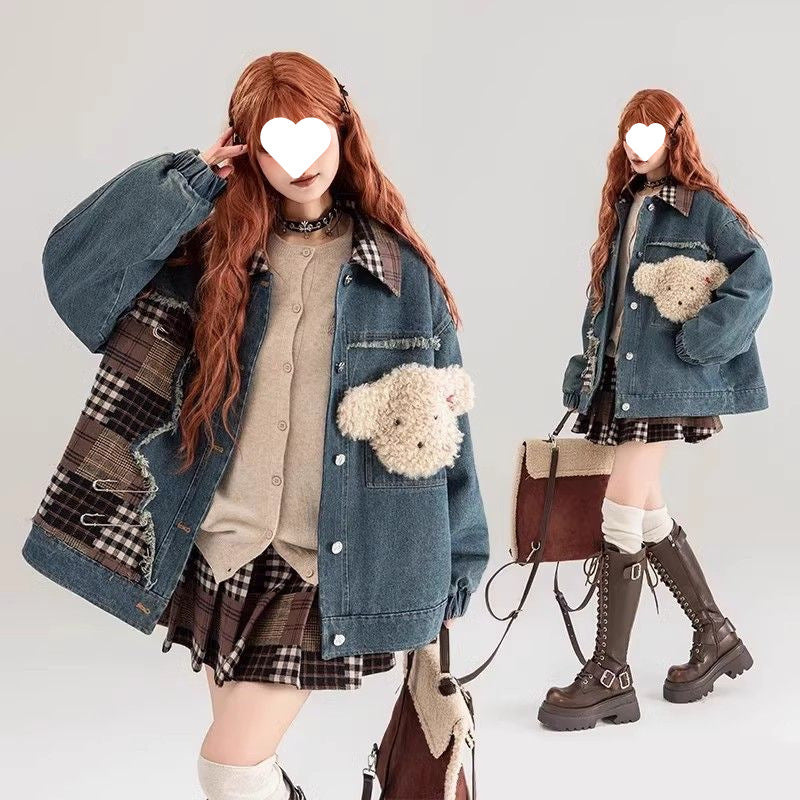 Women's Color Block Denim Coat – Loose Fit Cotton