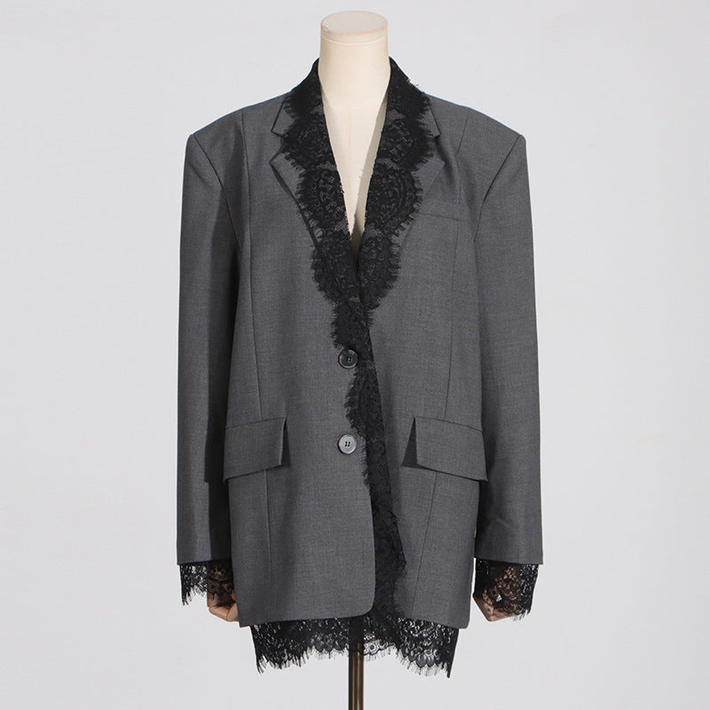 Lace-Panel Design Statement Long-Sleeve Structured Blazer For Women