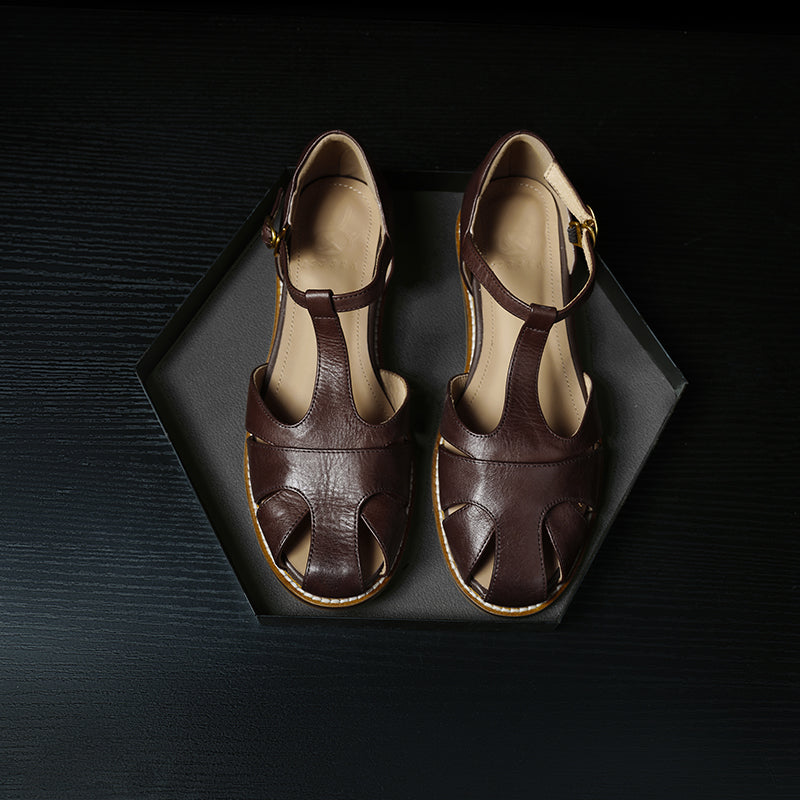 Women's Premium Full Grain Leather T-Strap Fisherman Sandals, Closed-Toe Flat Shoes