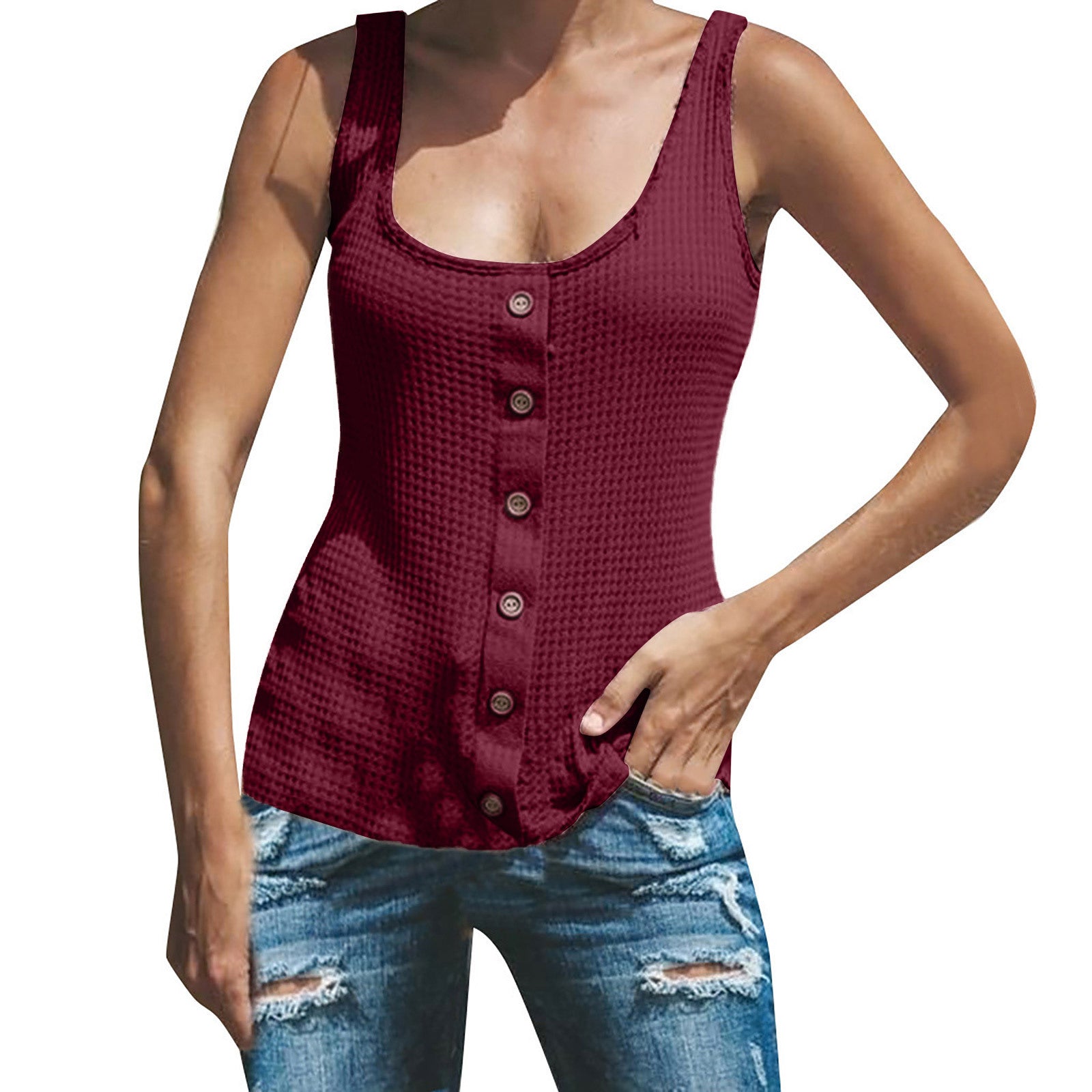 Women's U-neck Solid Color Sleeveless Breasted Vest T-shirt Top