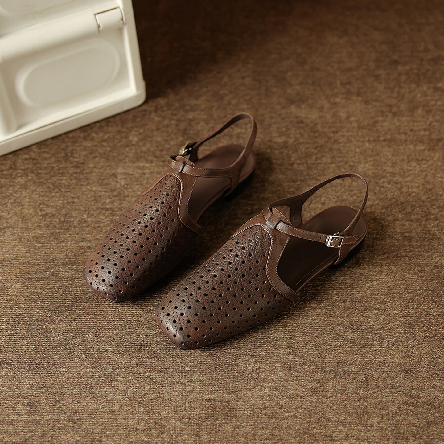 Women's Washed Full Grain Leather Slingback Sandals, Perforated T-Strap Closed-Toe Flat Shoes