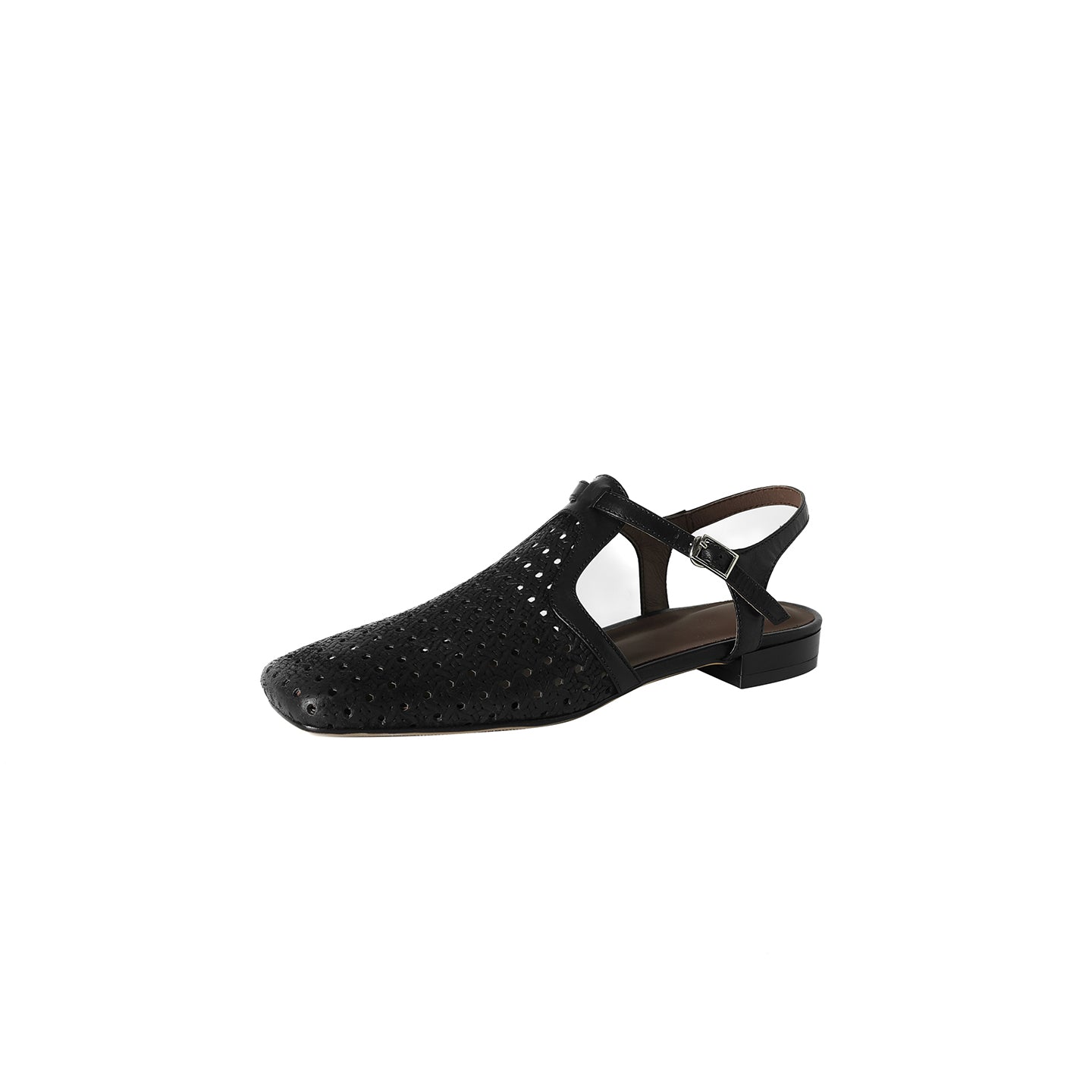 Women's Washed Full Grain Leather Slingback Sandals, Perforated T-Strap Closed-Toe Flat Shoes
