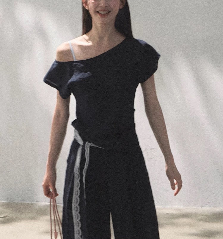 Linen Off-Shoulder Patchwork Casual Pant Set