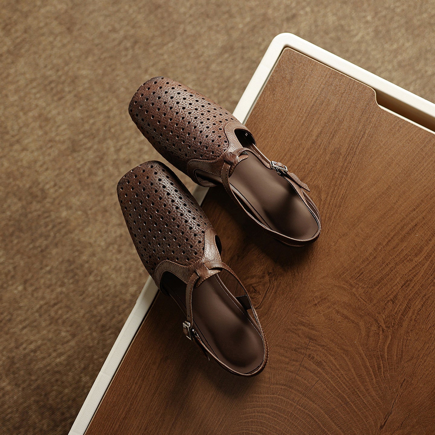 Women's Washed Full Grain Leather Slingback Sandals, Perforated T-Strap Closed-Toe Flat Shoes