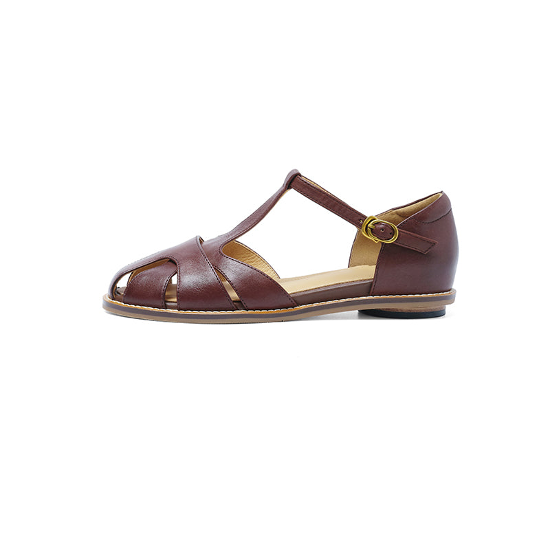 Women's Premium Full Grain Leather T-Strap Fisherman Sandals, Closed-Toe Flat Shoes