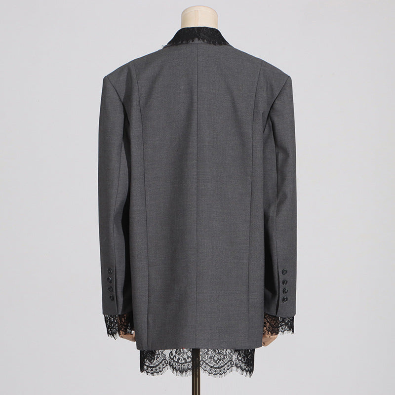 Lace-Panel Design Statement Long-Sleeve Structured Blazer For Women