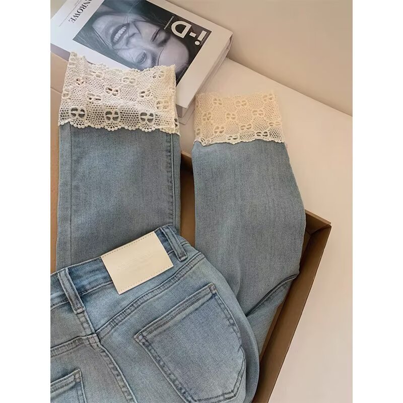 Women's Fashionable Retro Lace Straight-Leg Denim Jeans