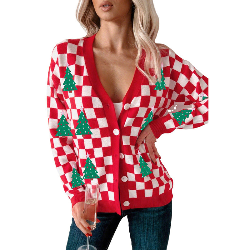 Fall New Single Row Multi-buckle Knitwear For Women European And American Fashion & Trend Christmas Printed Cardigan For Women