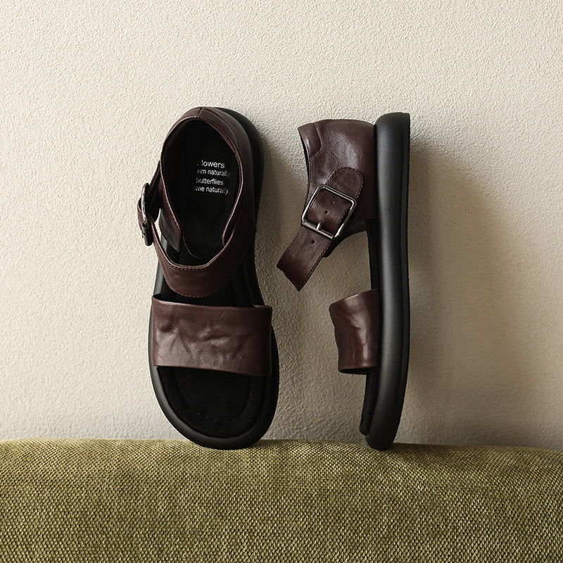 Women's Washed Full Grain Leather Platform Sandals, Two Strap Buckle Flat Shoes