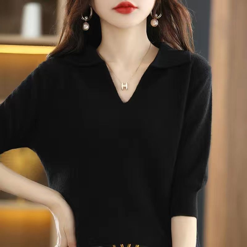 Five-Quarter Sleeve Lapel Sweater Base Layer Womens Top
