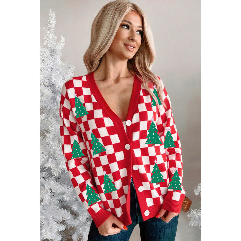 Fall New Single Row Multi-buckle Knitwear For Women European And American Fashion & Trend Christmas Printed Cardigan For Women