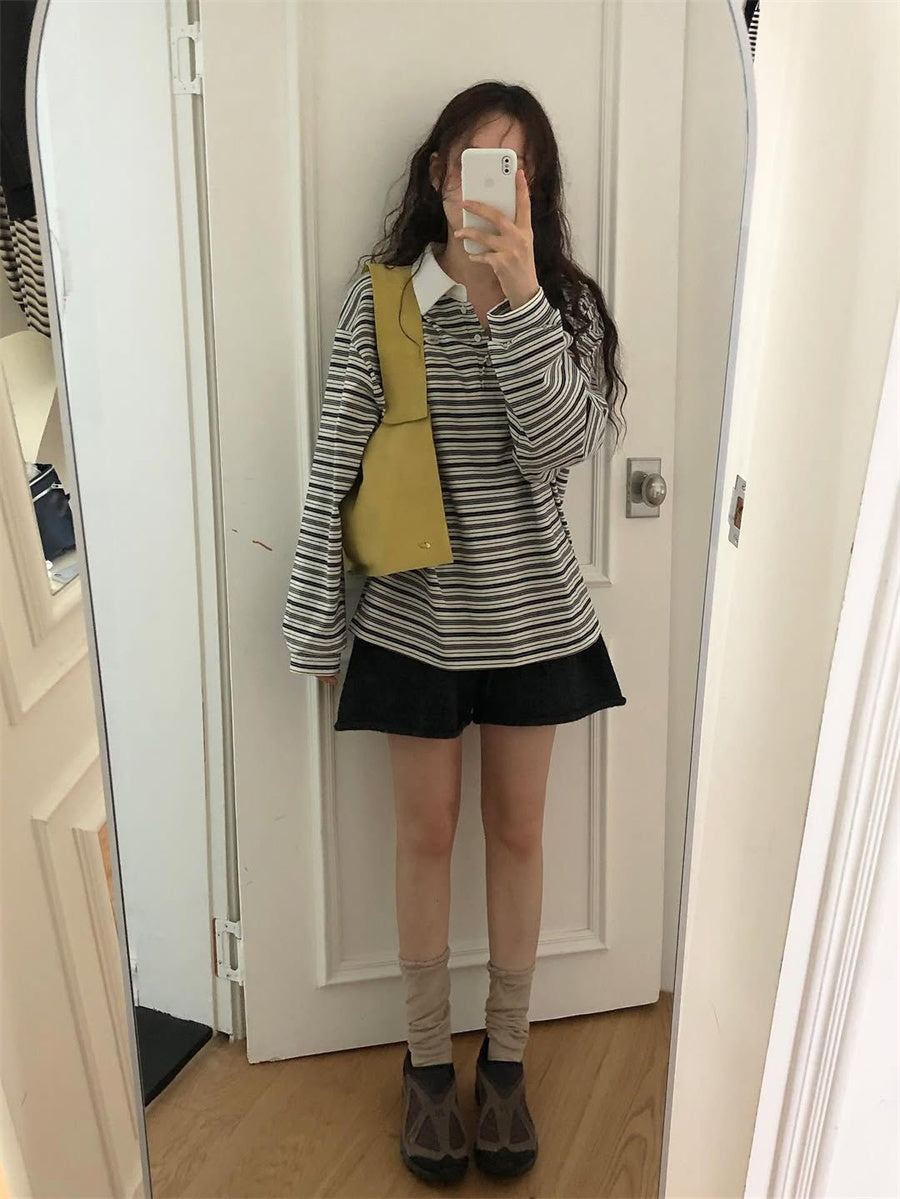 Simple Style Loose Striped Contrast Color Polo Collar Long Sleeve Top