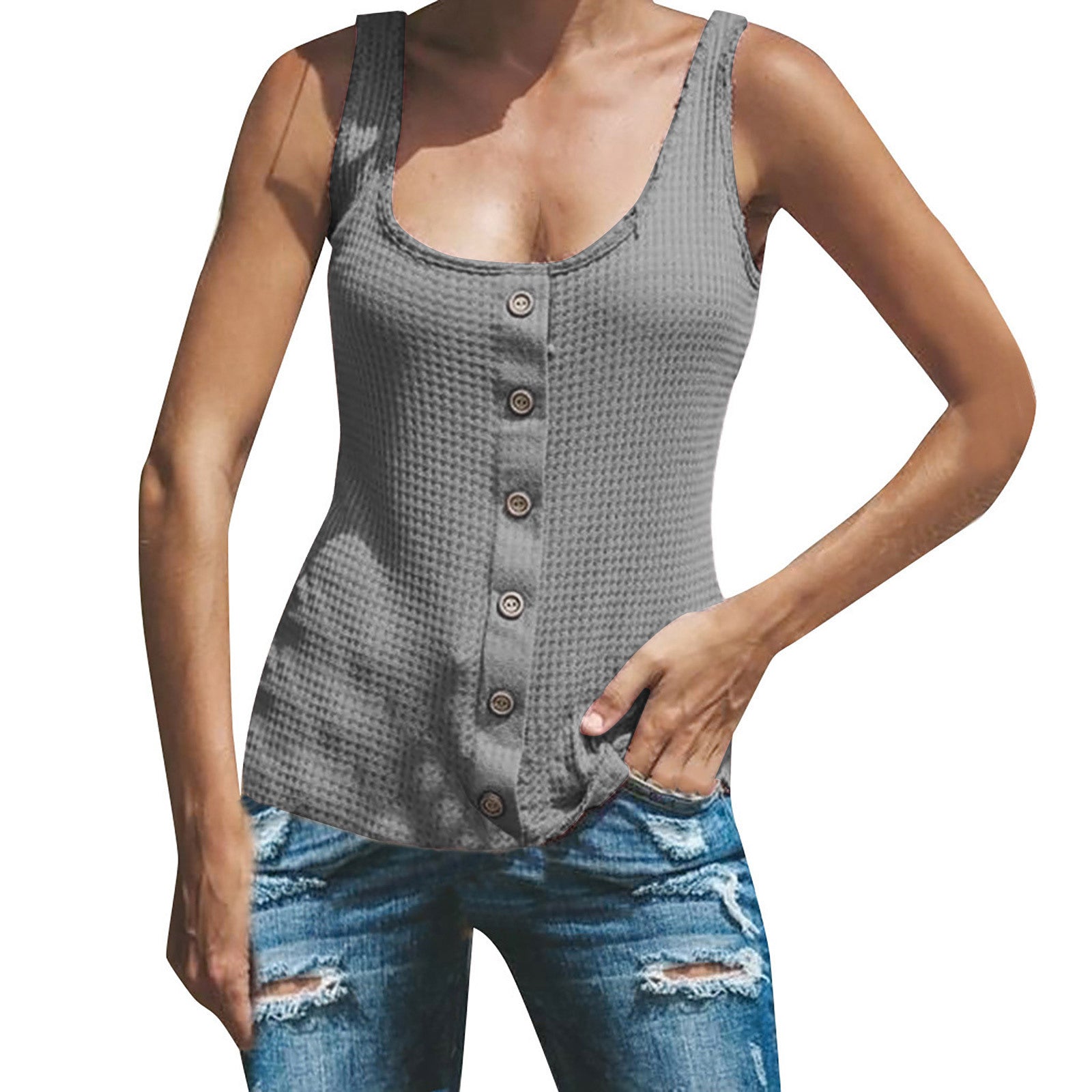 Women's U-neck Solid Color Sleeveless Breasted Vest T-shirt Top