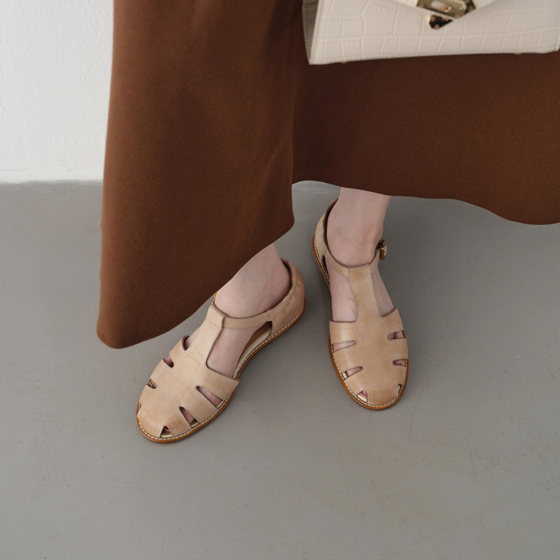 Retro Roman Closed Toe Leather Sandals, Premium Full Grain T-Strap Flats