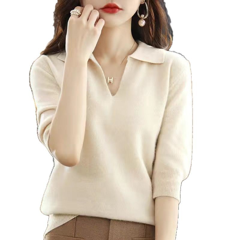 Five-Quarter Sleeve Lapel Sweater Base Layer Womens Top