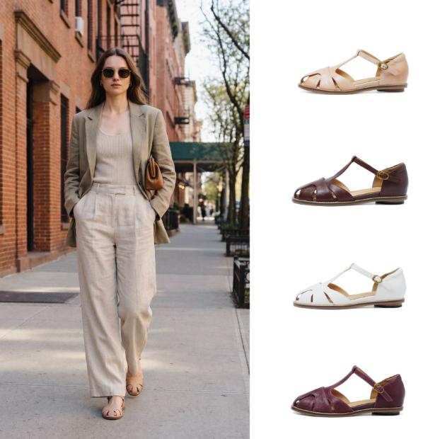 Women's Premium Full Grain Leather T-Strap Fisherman Sandals, Closed-Toe Flat Shoes