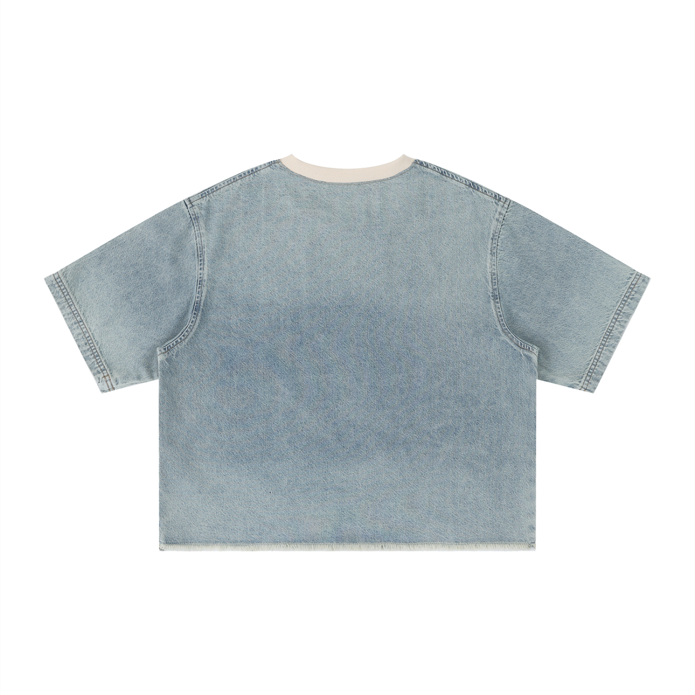 Unisex Vintage Wash Raw Hem Denim T-Shirt – Oversized Boxy Streetwear Denim Tee