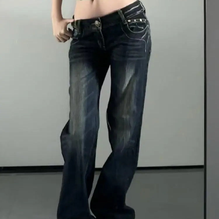 Butterfly-embroidered Low-rise Jeans Womens Y2K Vintage Style