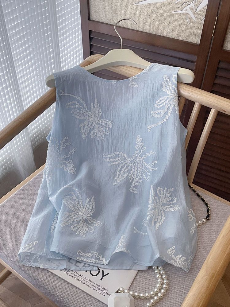 Women's Blue Striped Sleeveless Rayon Top